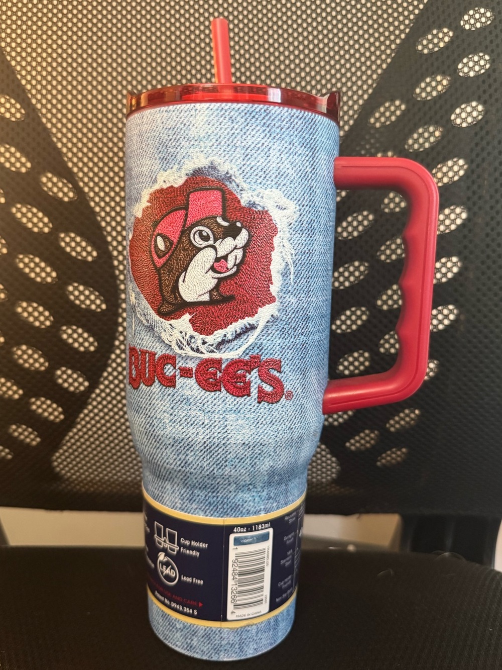 Buc-ees Red Denim-Patterned Travel Tumbler with Handle